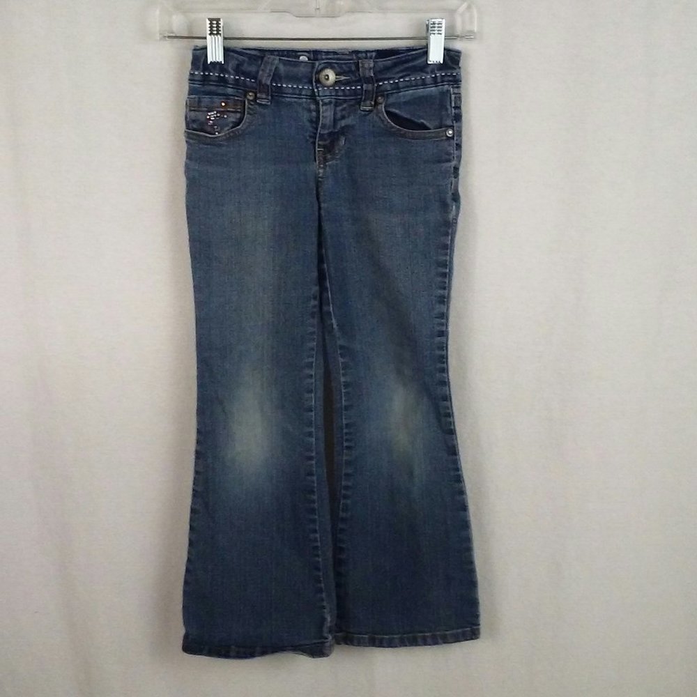 L.E.I. girls jeans Size 23x22 Gabby Low rise Flare Bling Double back pocket deta